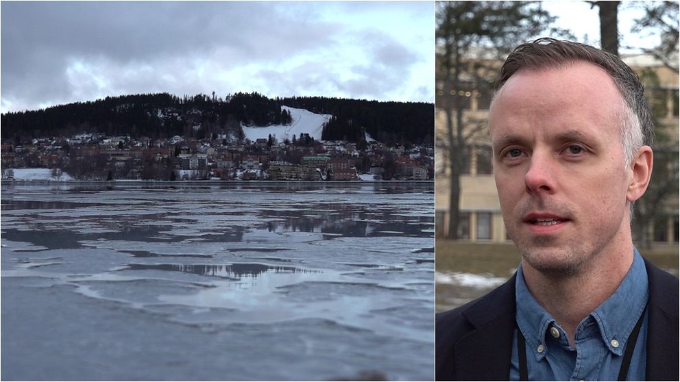 Till vänster i bilden syns en vinterlandskap med frusna sjöar och snötäckta backar i fjärran, medan den högra delen visar en man i en urban miljö, klädd i en blå skjorta och svart kavaj, med en bostadsbyggnad och träd i bakgrunden.