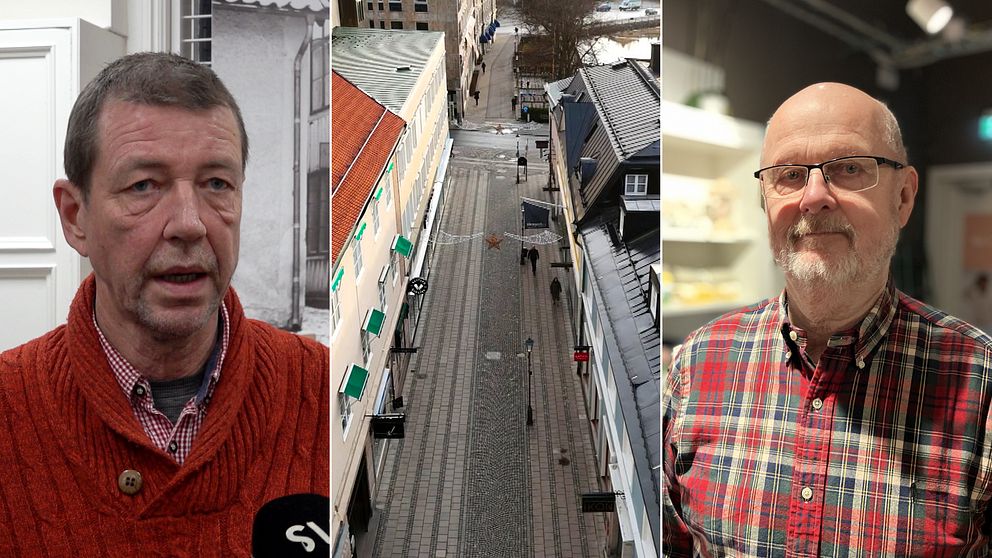 Tre sektioner av en delad bild: Den vänstra visar en man i en röd tröja i ett inomhusmiljö. Den centrala sektionen visar en översikt av en tom gata med byggnader på sidorna, och den högra sektionen visar en man i en rutig skjorta i en livsmedelsbutik.