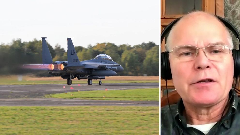 Delad bild. Längst till vänster: ett stridsflygplan landar på en flygbas.
