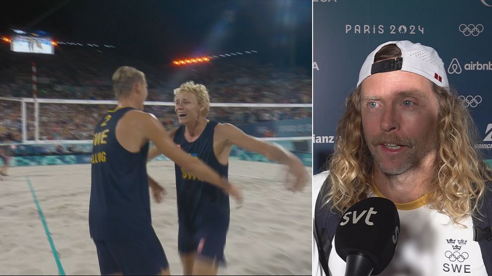 Två unga män till vänster, medelålders man till höger med långt hår