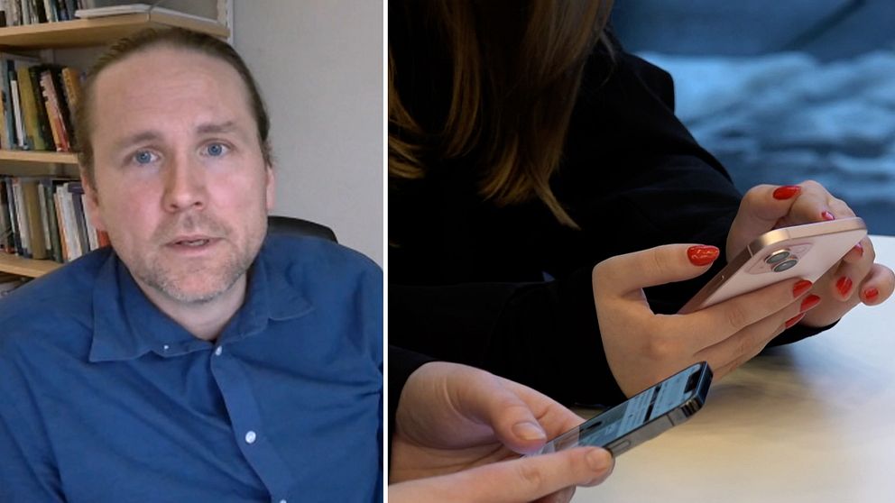 Martin Wolgast docent och ansvarig forskare för studien. På bilden till höger syns två ungdomar scrolla på sina mobiltelefoner.