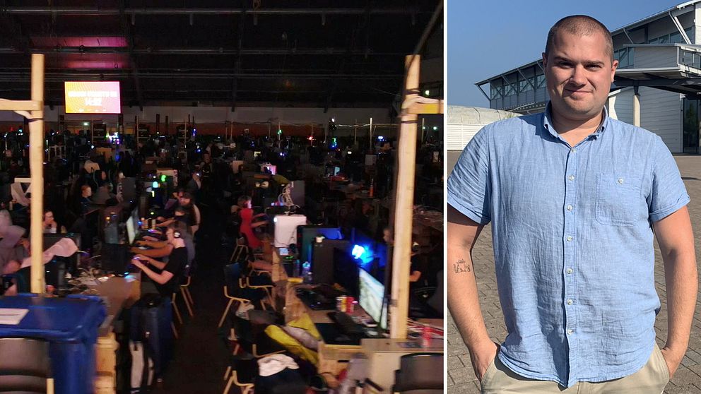 Flera som spelar dator under Dreamhack. Till höger Kristoffer Artmark.