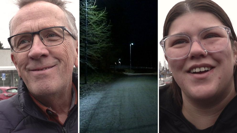 Två porträttbilder, en på en man och en på en kvinna, mellan bilderna en bild på en mörk gata i Umeå
