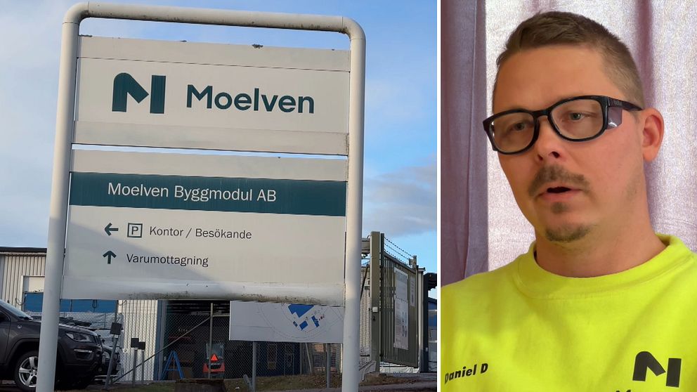 En skylt där det står Moelven och en man med glasögon