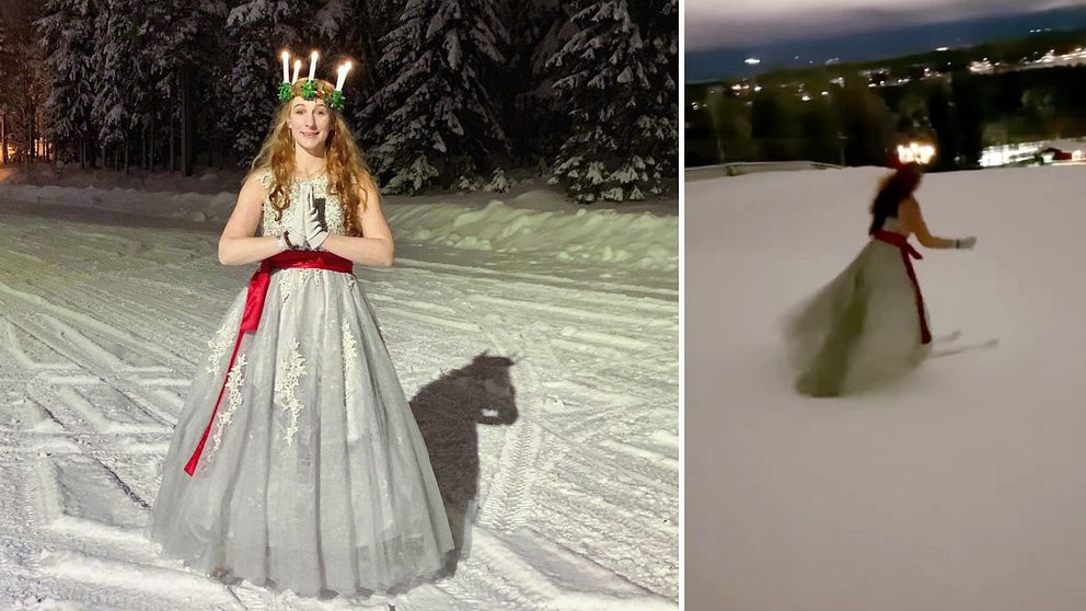 En lucia som står i skidspåret på Ormberget i Luleå.