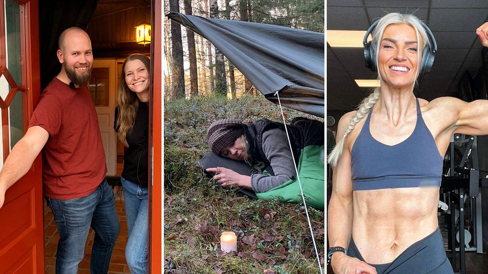 Bildcollage med tre bilder. I första bilden till vänster syns ett leende par i en dörröppning, bilden i mitten föreställer en kvinna som sover ute i skogen och i bilden till höger syns brandmannen Josefine i träningskläder som spänner sina muskler.