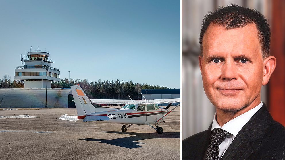 Två bilder. Den ena på flygplatsen i Gävle med litet flygplan. Den andra: Jörgen Andersson, chef på Transportstyrelsen.