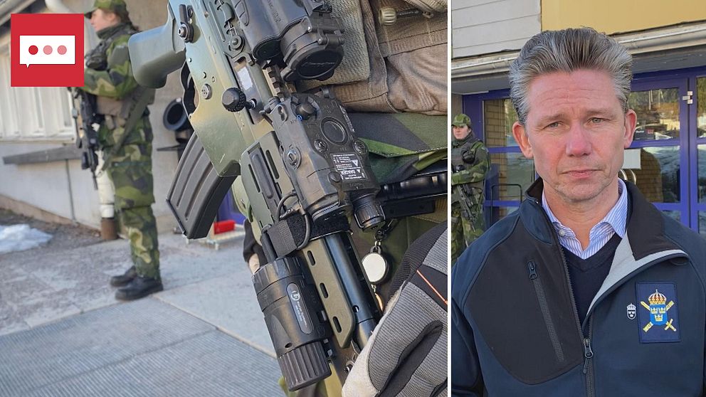 Tvådelad bild med militärer med skjutvapen på ena sidan. På den andra en porträttbild på försvarsminister Pål Jonsson (M).