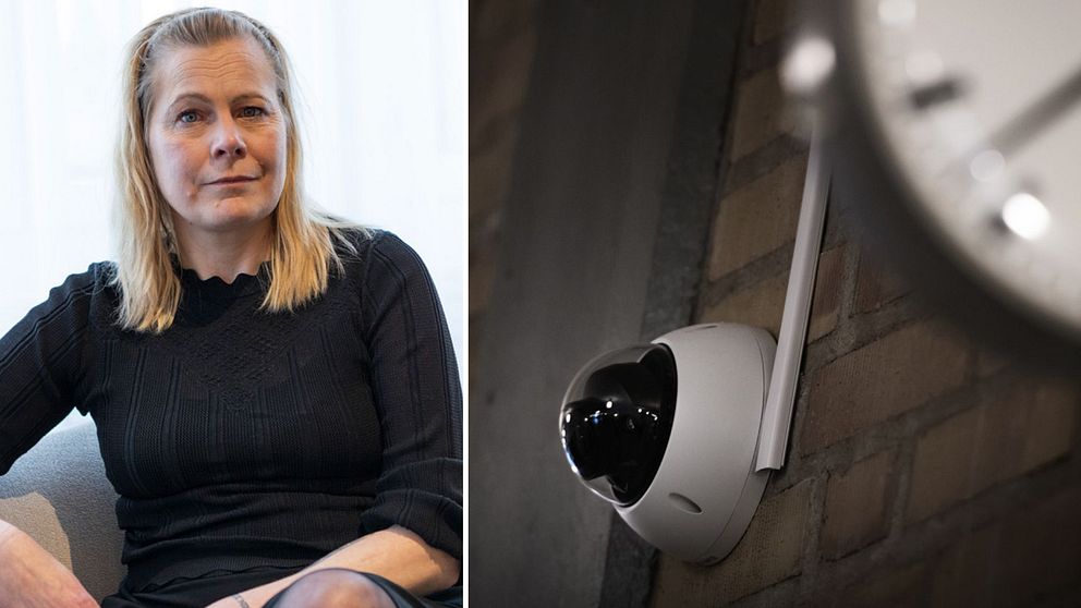 En delad bild där den första sektionen visar en person i mörka kläder sittande på en soffa, och den andra sektionen visar en övervakningskamera monterad på en tegelvägg, delvis täckt av en klocka.