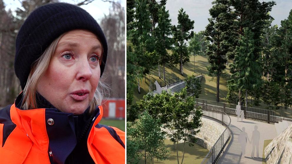 Kvinna i orange säkerhetsjacka och mörk mössa, Lina Engvall som är skyfallsspecialist på Göteborgs stad – till höger visas en skiss över en grönskande park med träd, gångvägar och en avsats som byggs vid Östra sjukhuset i Göteborg.
