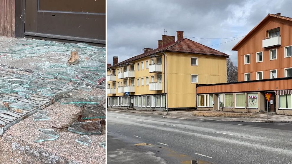 Vänsterbild: glasskross på marken. Höger: Bilden  visar en stadsmiljö från Ställdalen med byggnader och en gata. Detaljerna är som följer:  Byggnader: Det finns flervåningshus i olika färger; ett gult hus närmast och ett orange bakom det. Gata: På gatan syns vägmarkeringar och det finns inga fordon eller personer i sikte. Väder: Himmelens färg tyder på att det är molnigt eller disigt väder.