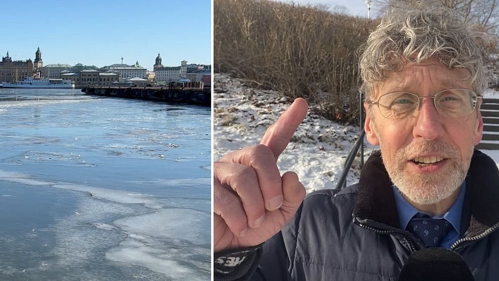 Delad bild: Till vänster syns en frusen vattensjö framför en stadsbild med byggnader i bakgrunden. Till höger pekar en person mot något utanför bildens vy. Bakgrunden består av en snötäckt mark och buskar.