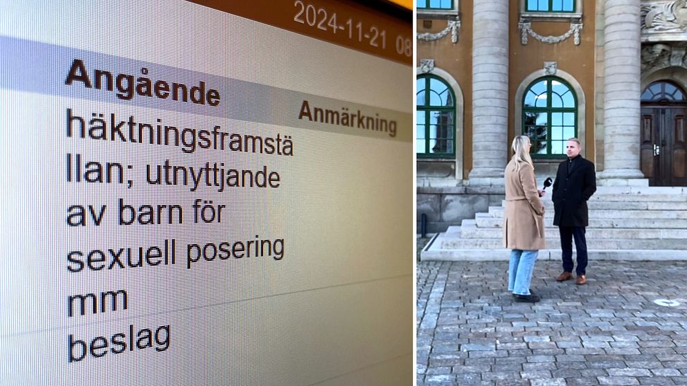 Skärmen visar en lista med detaljer om en rättslig fråga som rör häktning och sexuellt utnyttjande av barn. Till höger står två personer utanför en byggnad med klassisk arkitektur, den ena ser ut att ställa frågor, medan den andra svarar.