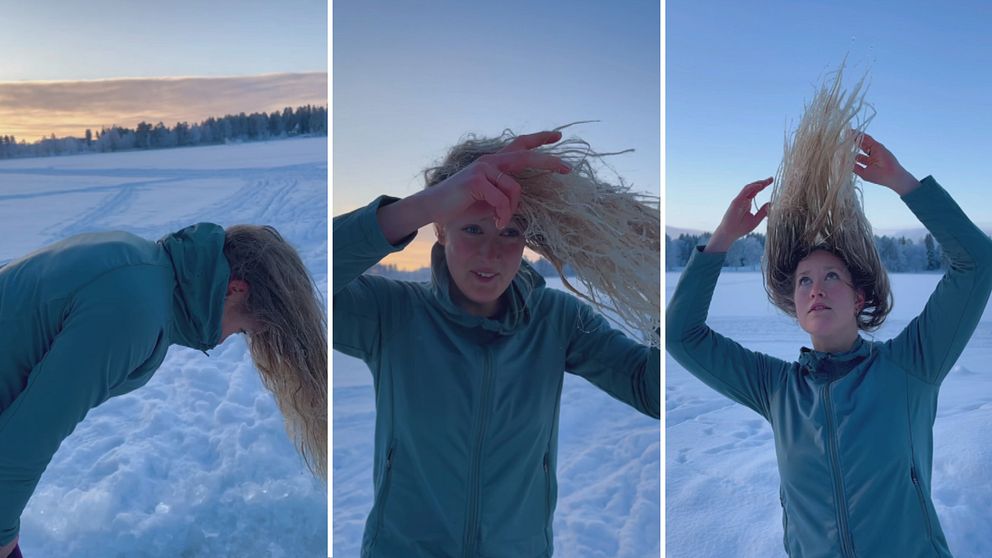 Elvira Lundgren på Nydalasjön i fryst hår och blå tröja.