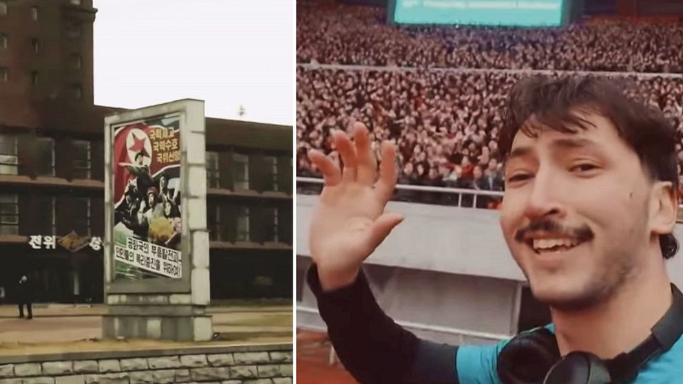 Delad bild. Till vänster: ett monument i stadsmiljö i Pyongyang. Till höger: en person på en arena som vinkar till kameran.