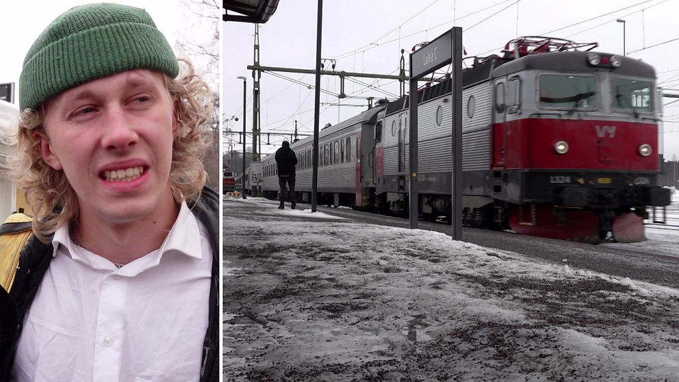 Resenären Jacob Wästvind blev stående med tåget i kyla och ett tåg är på väg att lämna Luleå tågstation.