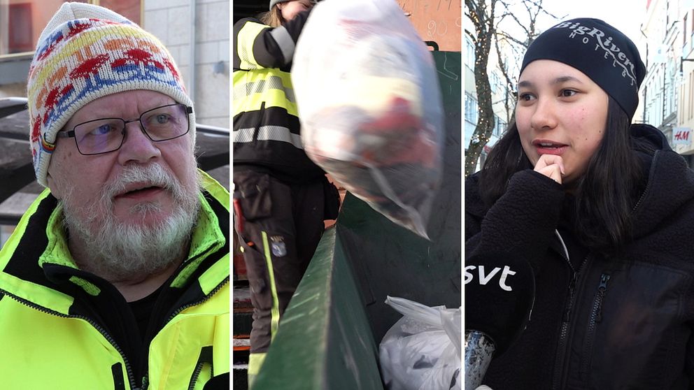 Mitten: sopsäck med kläder lyfts och slängs i en container på återvinningen i Östersund. Höger: tjej i svart jacka och svart mössa, står och funderar.
