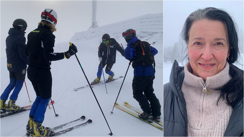 En delad bild visar till vänster en grupp skidåkare klädda i mörka skidkläder och hjälmar som står på en snötäckt backe i dimmigt väder. Till höger ses en person klädd i vinterjacka och tröja mot en suddig bakgrund.