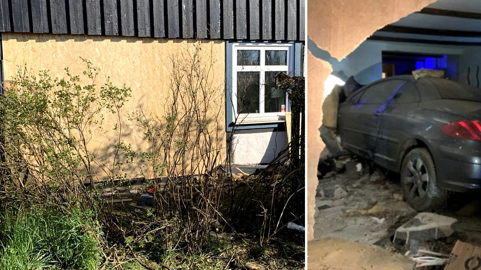 Spånskiva på en husgavel, bil som kört igenom vägg