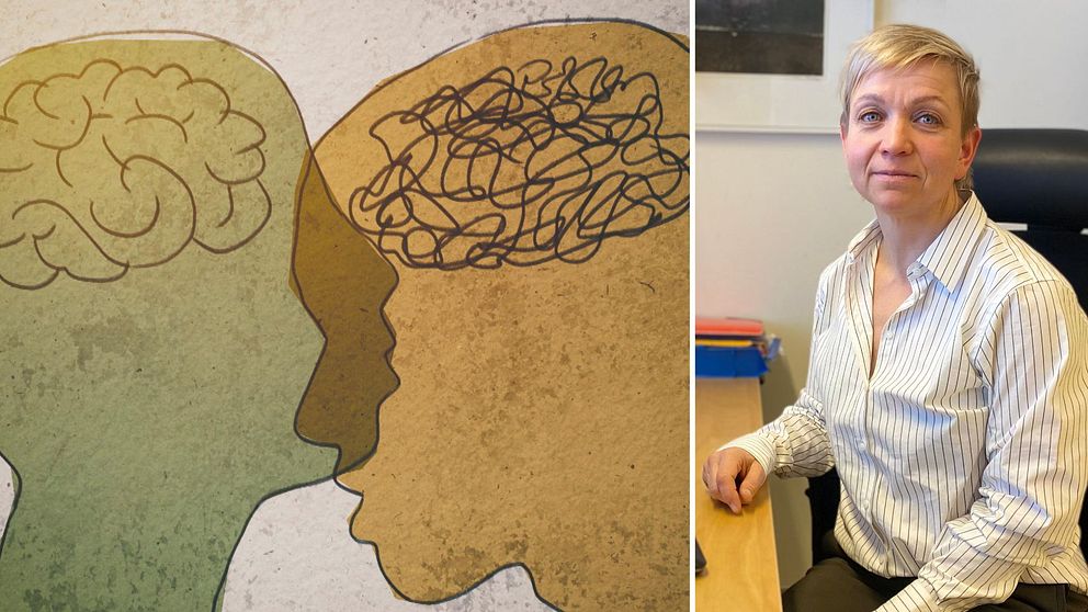 Illustration av två hjärnor, en med trassligt innehåll, en med en vanlig hjärna. Kristina Hedman specialist neuropsykolog.