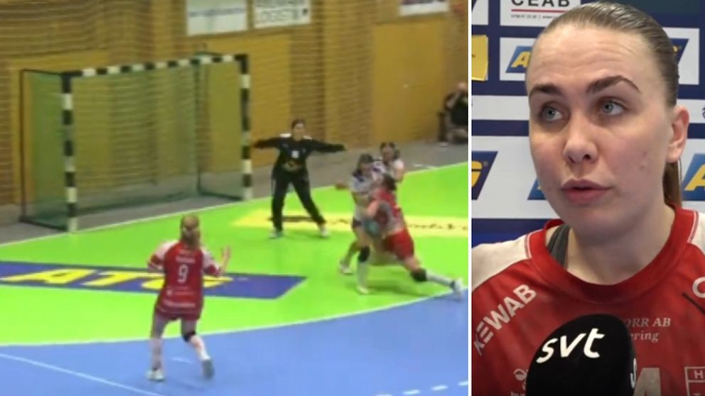 Delad bild. Vänster: Handbollsmatch, spelare i rött skjuter mot målet. Höger: Rödklädd spelare intervjuas.