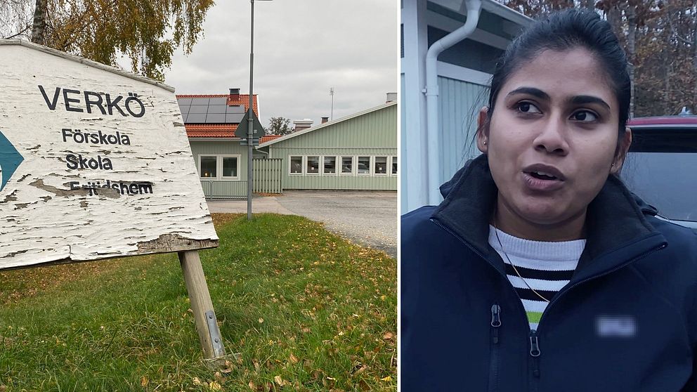 ALT-text: En delad bild med två sektioner. Den vänstra delen visar en väderblekt skylt med texten ”VERKÖ Förskola Skola,” framför en grön byggnad med fönster och takplattor. Den högra delen visar en person i en mörk jacka med en vit och svart rutig tröja, stående framför en ljust färgad byggnad, med oskarp ansiktsdetalj.