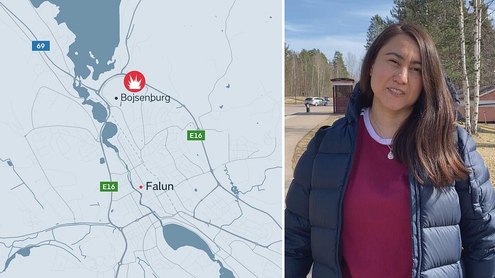 Två bilder i en, på ena sidan en karta över Falun med explosiongrafik utmärkt, på andra sidan en kvinna med långt mörkt hår.