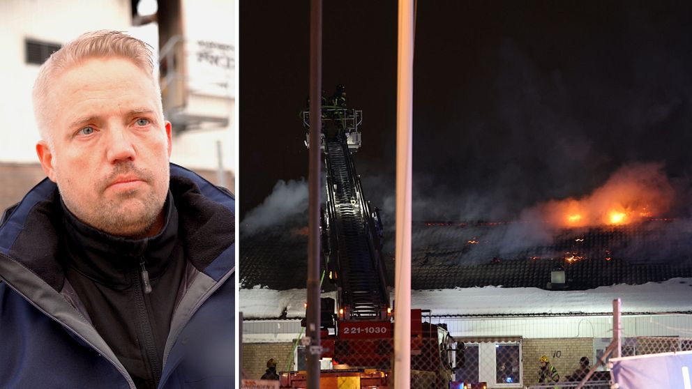 Man till vänster och brandkår som släcker eld