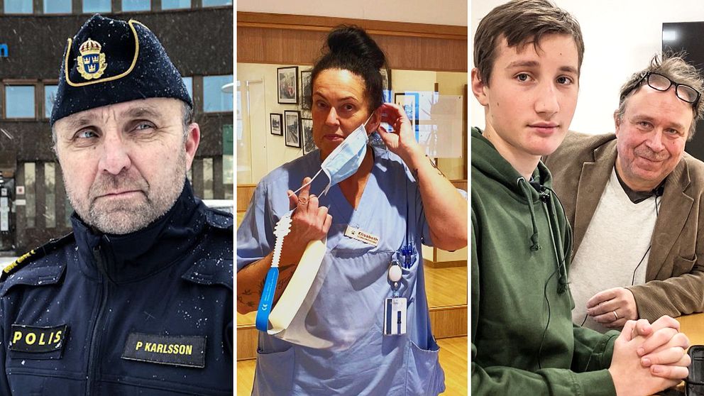 en polis , en sköterska med munskydd och en elev och lärare