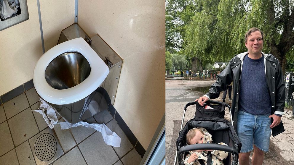 Till vänster är det en bild på en offentlig toalett och till höger är det en bild på man med barnvagn