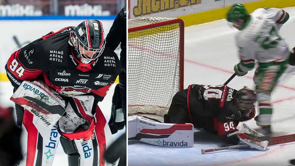 Tvådelad bild. Till vänster: målvakt i hockeyutrustning. Till höger: målvakten blockerar ett skott.