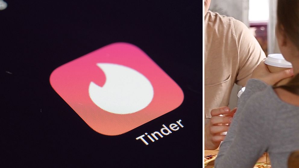 Till vänster: Tinders logga på en svart bakgrund. Till höger: ett par fikar tillsammans