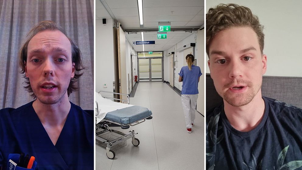 två vårdasntällda män jämte en bild på en sjukhuskorridor