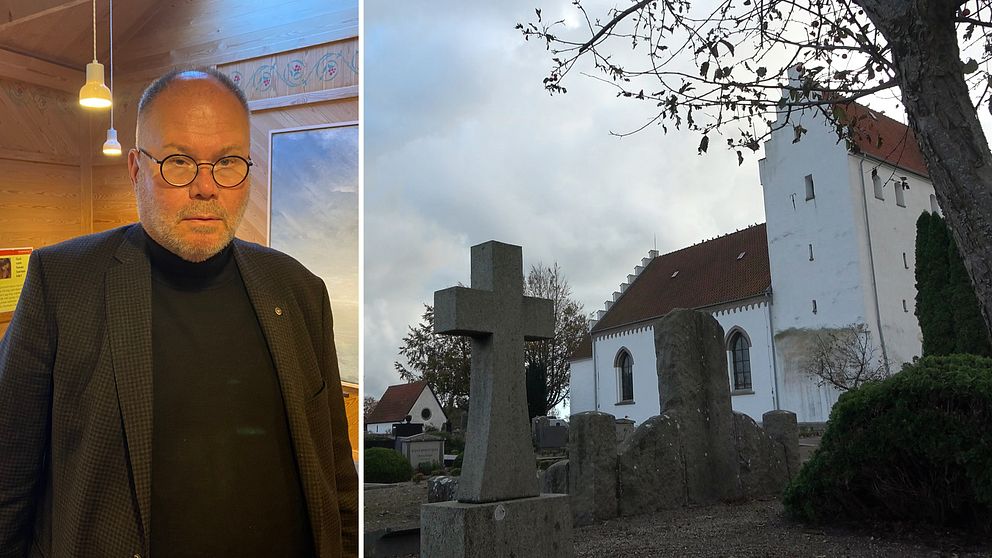 Till vänster syns Mats Hagelin, kyrkoherde på Simrishamns församling. Till höger syns Simris kyrka, en av kyrkogårdarna vars gravvårdar nu ska återställas.