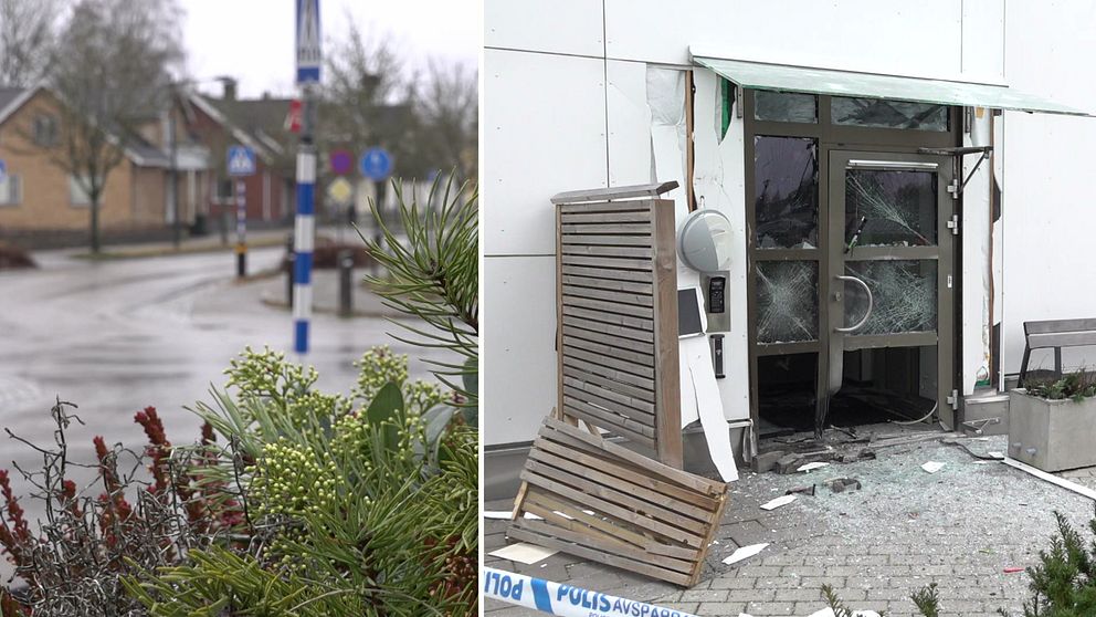 Delad bild: Till vänster syns en lugn gata med buskar i förgrunden och hus i bakgrunden. Till höger visas en skadad entré till en byggnad med krossade glasdörrar, avspärrad med polisband.