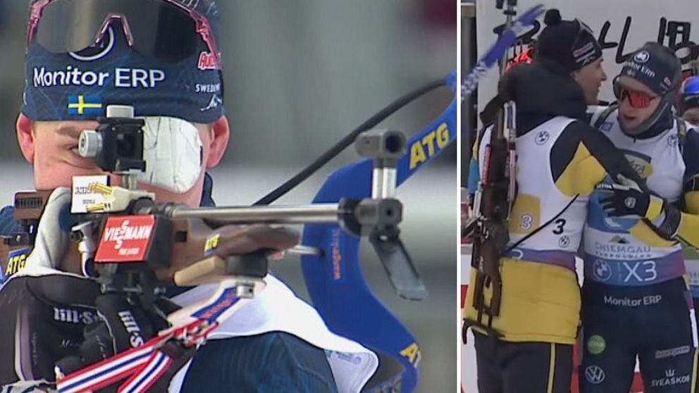 En delad bild som visar en skytt som förbereder sig för tävling med vapen och medaljer i första sektionen till vänster, och två idrottare som omfamnar varandra efter en tävling i andra sektionen till höger.
