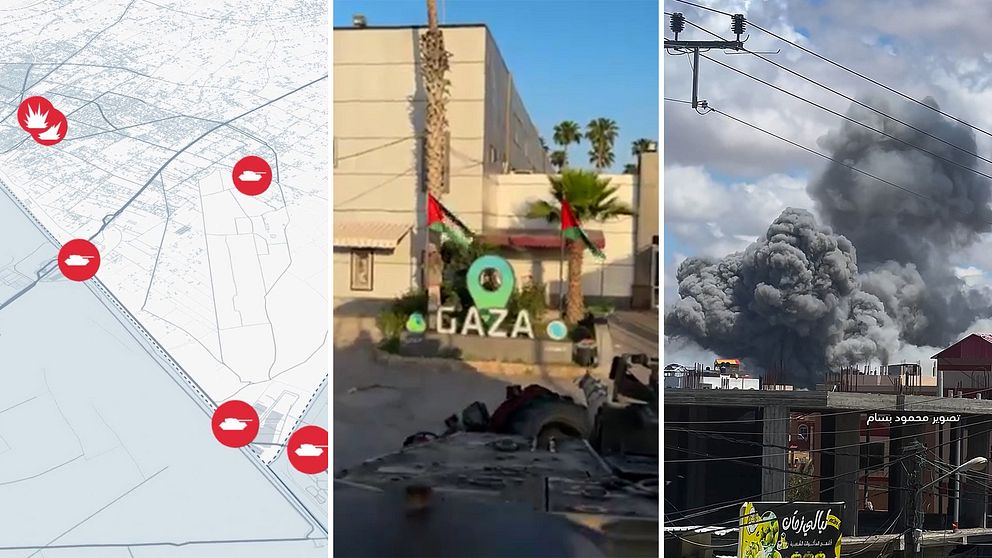 Bildmontage: till vänster: karta över Rafah, i mitten: gränsövergången mellan Gaza och Egypten, till höger: en explosion i Rafah följt av en flygbomb
