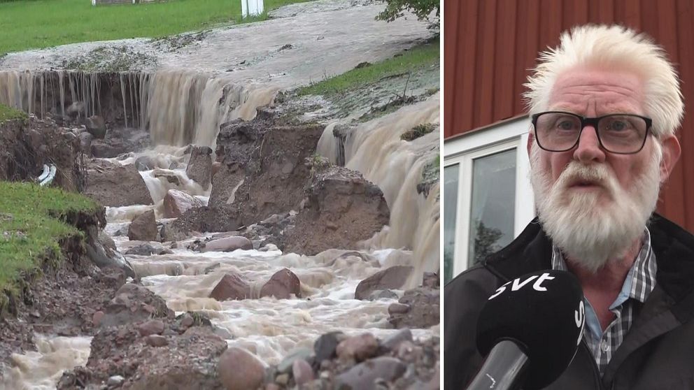 Till vänster syns en gräsmatta som förstörts av översvämningarna i Rättvik. Till höger syns Gert Fredriksson som fick sin tomt förstörd samt källaren fylld med vatten.