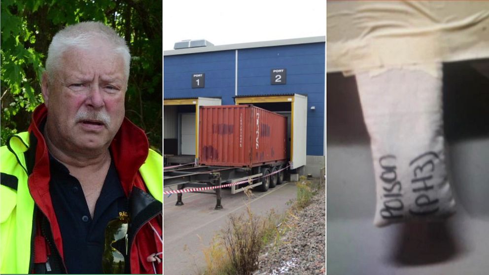tre bilder på räddningstjänst, en container och en påse med gift.
