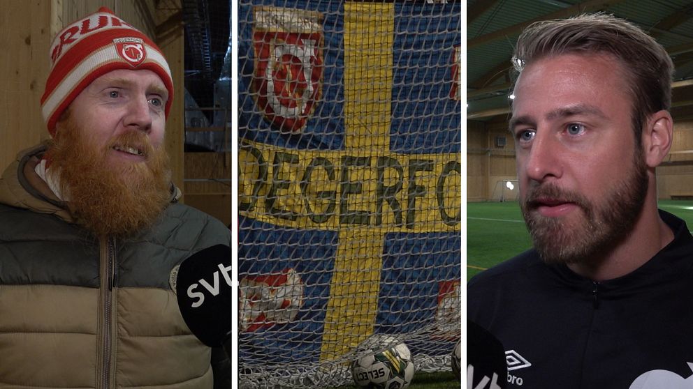 En splitbild med supporter Johan Wargclou på vänstra sidan, en svensk flagga där det står Degerfors i mitten och tränaren William Lundin på högra sidan