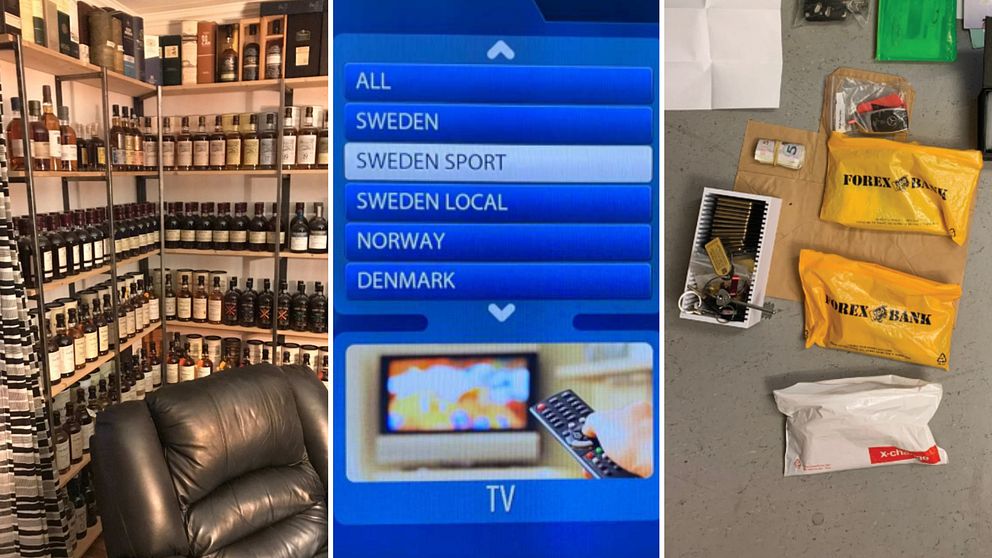 Whiskeyflaskor, iptv och pengar och guldtackor