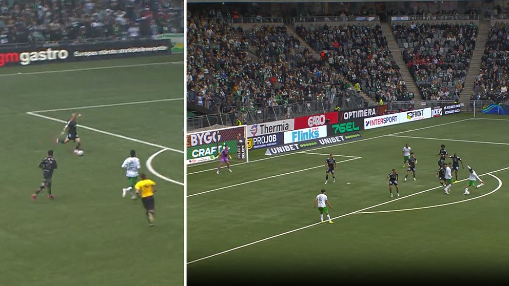 Delad bild. Vänster: spelare närmar sig straffområdet. Höger: anfall nära målet inför publik.