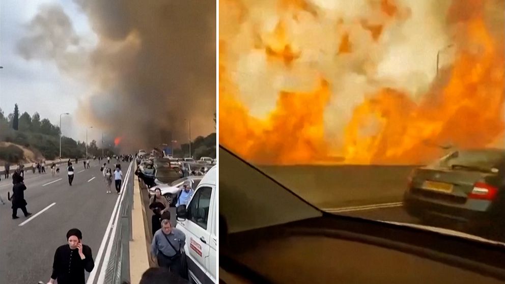 Delad bild. Till vänster: människor flyr från skogsbrand. Till höger: eldslågor nära bilväg.