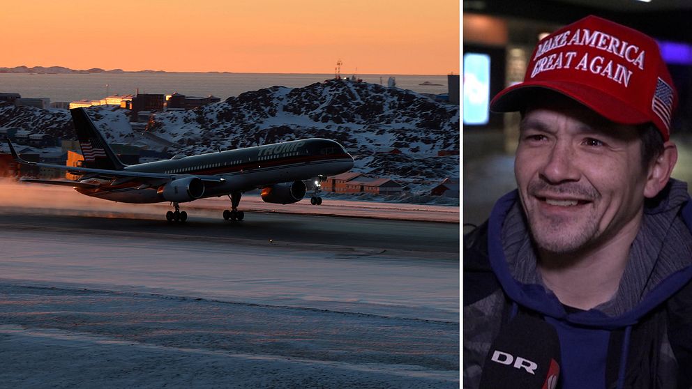 Bilden är delad i två sektioner. Den vänstra sektionen visar ett passagerarflygplan som landar på en snötäckt flygplats under en färgstark solnedgång. Den högra sektionen visar en person som bär en röd keps med texten ”Make America Great Again”.