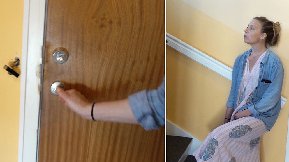 Reporter Anna-Klara till höger och till vänster när hon öppnar en dörr in till stödboendet som narkotikasmugglarens bolag drivit