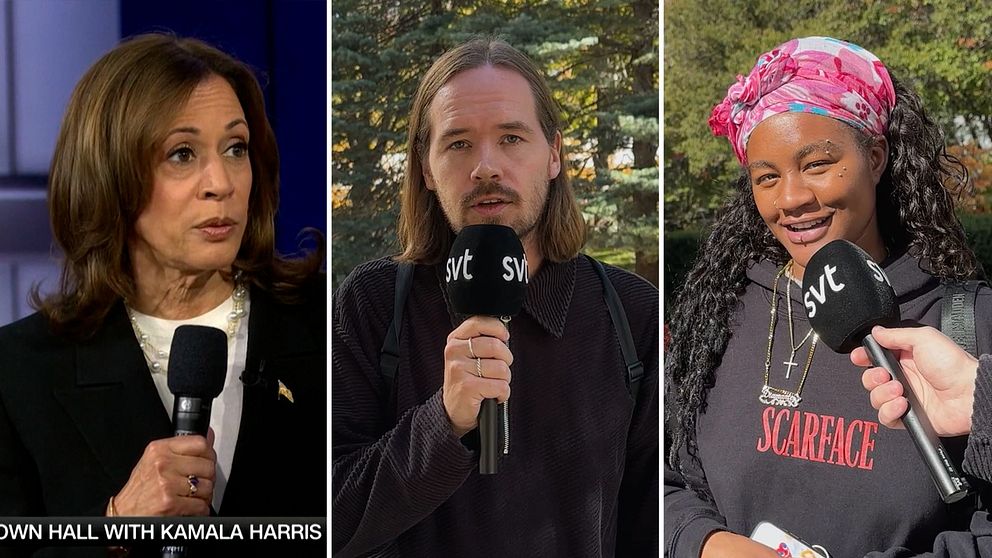 Tre sektioner av en bild som visar olika personer som håller i mikrofoner. Den första sektionen innehåller Kamala Harris, den andra visar en person i casual klädsel som står framför en kamera, och den tredje sektionen visar en person som bär en scarf med grafiskt tryck och fortfarande håller i mikrofonen. Bakgrunden varierar mellan en studio och utomhusmiljö.
