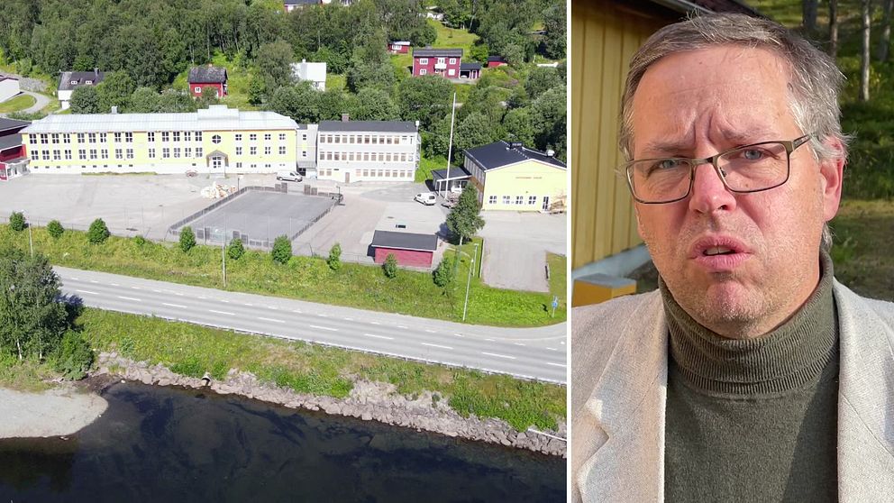 Drönarbild över skidgymnasiet i Tärnaby och Anders Persson ordförande i Södra Lapplands gymnasieförbund.