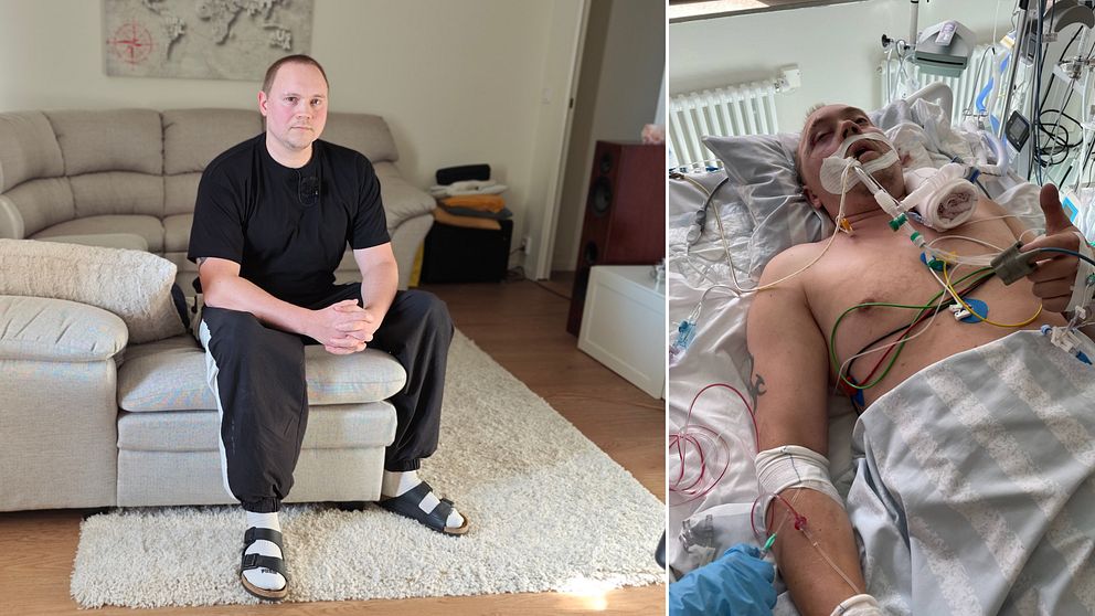 En kille sitter på kanten av en beige hörnsoffa med svarta mjukiskläder och sandaler. På höger sida i bilden är en bild på samma man som ligger ner i sjukhussäng med slangar och respirator.