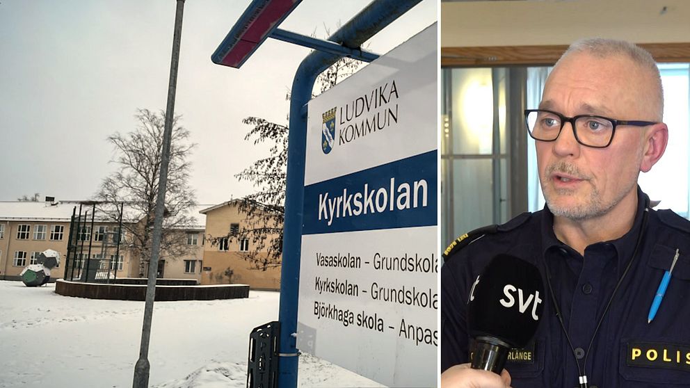Bildens vänstra del visar en snöig miljö med en vägskylt för Kyrkskolan i Ludvika kommun, omgiven av frostiga träd och en skolbyggnad i bakgrunden. Den högra delen visar en polis som intervjuas, iklädd uniform och hållande en mikrofon från SVT.