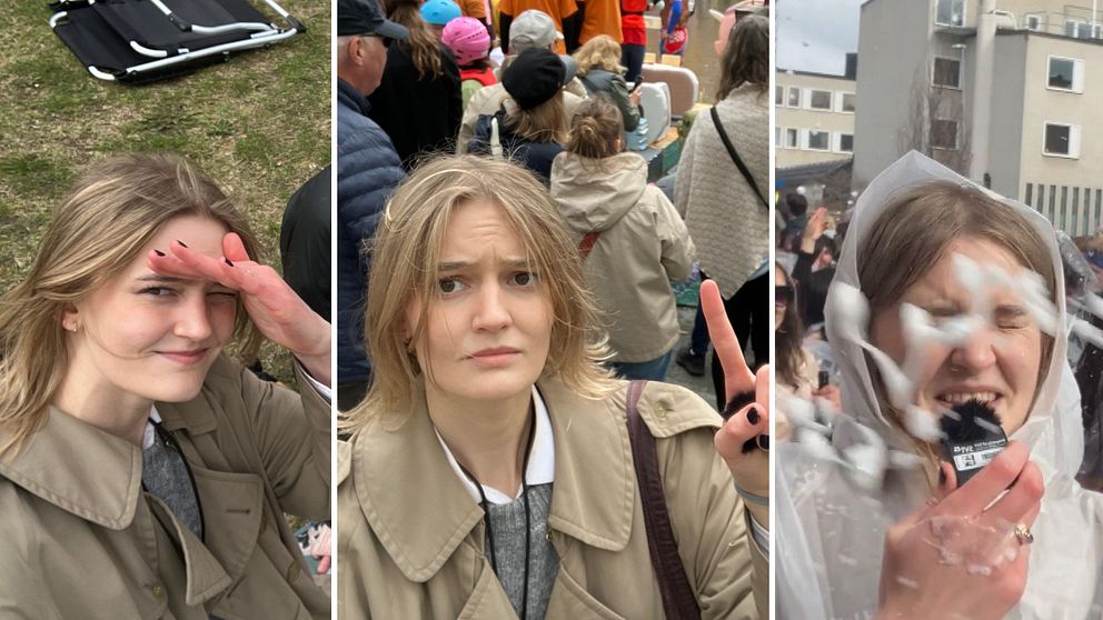 Tredelad bild. Till vänster: person på gräsmatta. I mitten: stor folksamling. Till höger: konfetti i stadsmiljö.